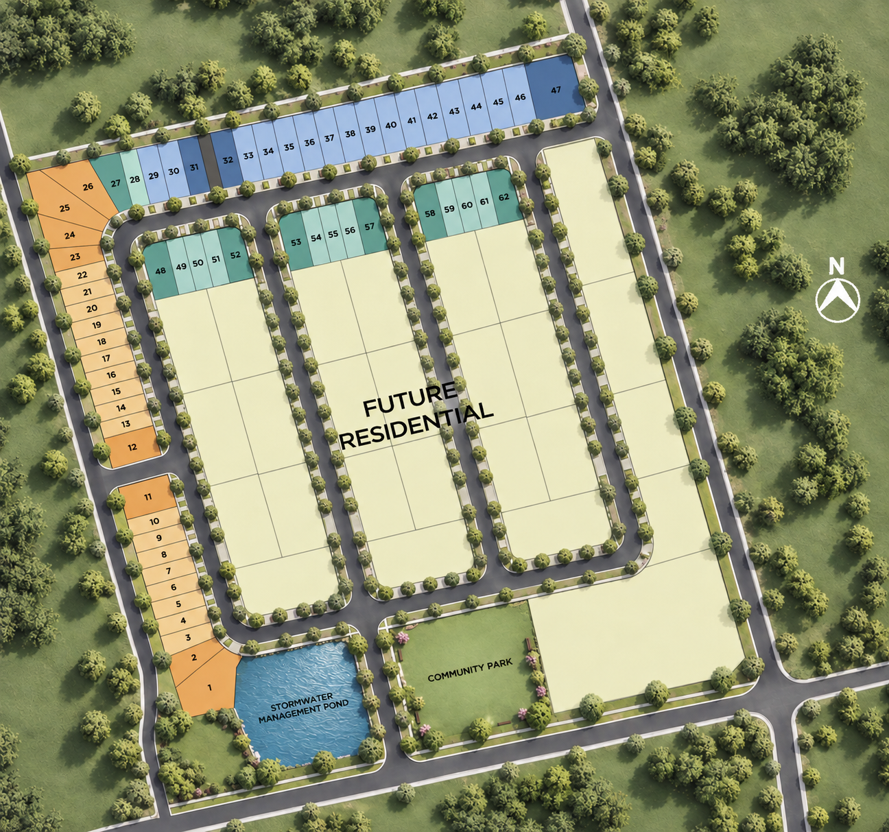 Greenleaf Village community plan showing Phase 1 Release 1 lots, Phase 1 Release 2 lots, Phase 2 lots and premium lots.